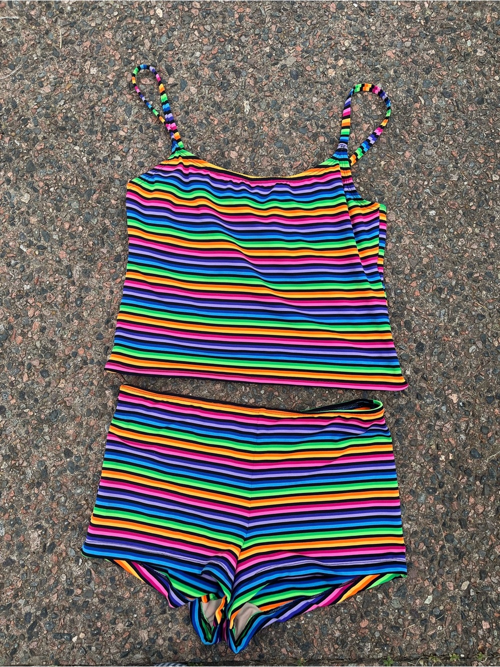 80s Vintage Rainbow Striped Tankini Set with Shorts - Bright Multicolor SZ L/XL